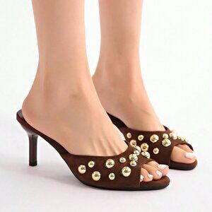 Brown Party Women's Rivet Decor Stiletto Mules